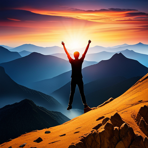 An image showcasing a teenager standing on a mountain peak, surrounded by a breathtaking sunset, as they raise their arms in triumph, symbolizing the accomplishment of a realistic goal