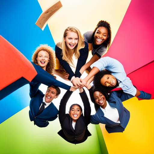 An image of a diverse group of smiling teenagers engaged in a team-building activity, surrounded by colorful walls adorned with motivational posters, encouraging notes, and a notice board displaying achievements and positive messages