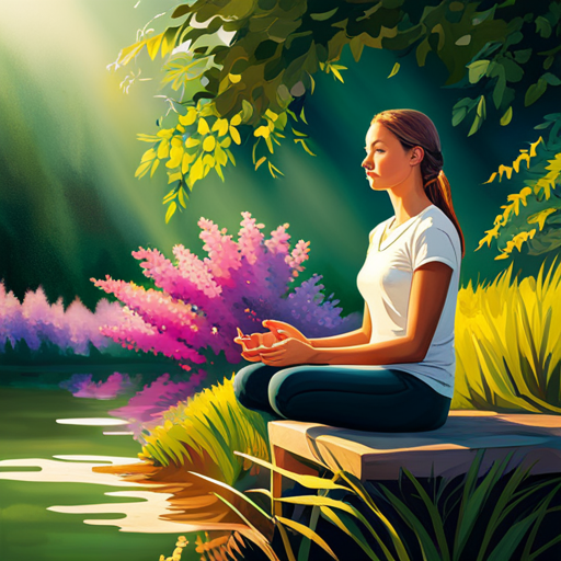 An image of a teenager surrounded by vibrant greenery, peacefully meditating or engaging in mindfulness exercises