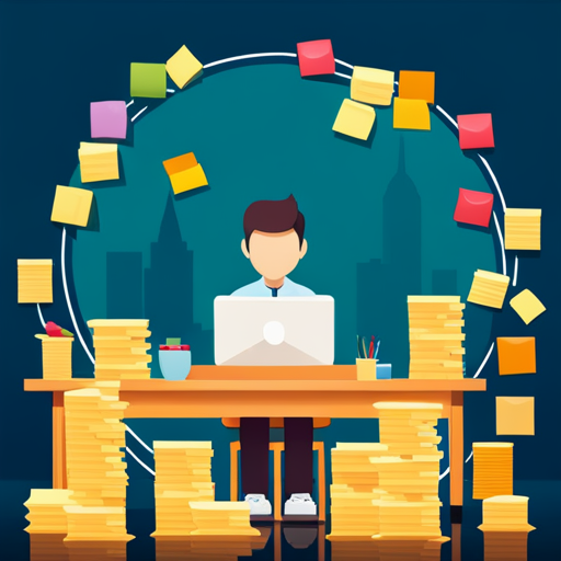 An image showcasing a teen sitting at a desk, surrounded by colorful sticky notes