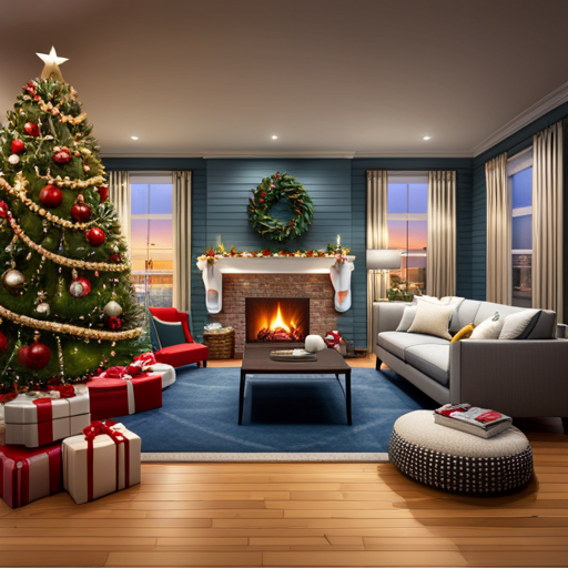 An image showcasing a cozy living room transformed into a winter wonderland, with a festive Christmas tree adorned with twinkling lights, a crackling fireplace, and a family snuggled up on the sofa, engrossed in a heartwarming holiday movie