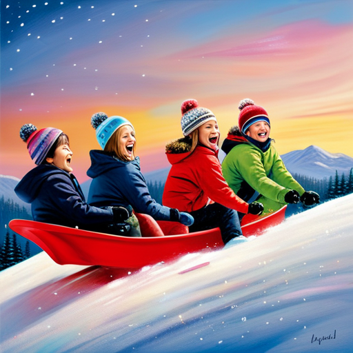 An image showcasing a group of children laughing joyfully as they glide down a snow-covered hill on colorful sleds