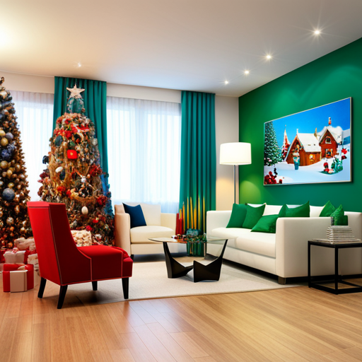 An image showcasing a lively living room adorned with colorful holiday decorations, as children excitedly chat with a virtual Santa Claus on a computer screen, capturing the joy of modern technology intertwining with traditional Christmas festivities