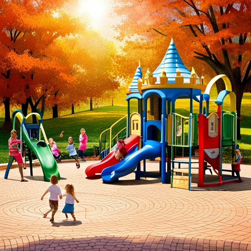 An image bursting with excitement and joy: a colorful playground nestled within a picturesque park, adorned with swings, slides, and climbing frames