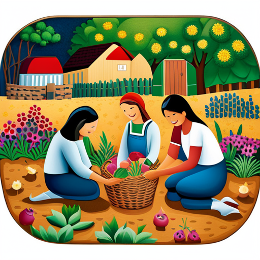 An image capturing the joy of a family gathered around their home garden, hands in the soil, sharing their farming journey with friends and neighbors