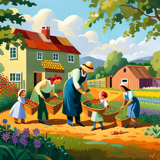 An image showcasing a joyful scene of a family tending to their vibrant garden together, with children eagerly picking freshly grown vegetables and parents smiling in appreciation of the educational, bonding, and nutritious benefits of home farming