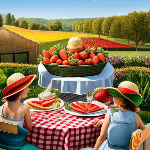 An image capturing the joyous moment when a family of four, wearing sun hats and big smiles, gathers around a bountiful garden table topped with freshly picked strawberries, vibrant carrots, and juicy watermelons, ready to savor the fruits of their labor