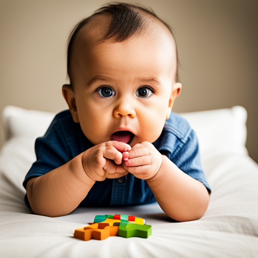 An image that depicts a baby with a puzzled expression, examining different teething toys while an adult observes attentively, emphasizing the importance of understanding teething discomfort as a reason behind baby biting