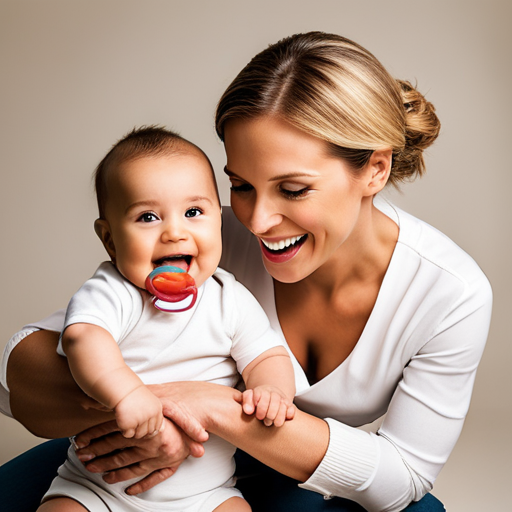 An image of a smiling baby happily chewing on a teething toy while a parent gently guides their hand towards the toy, encouraging them to redirect their biting behavior in a positive and safe way