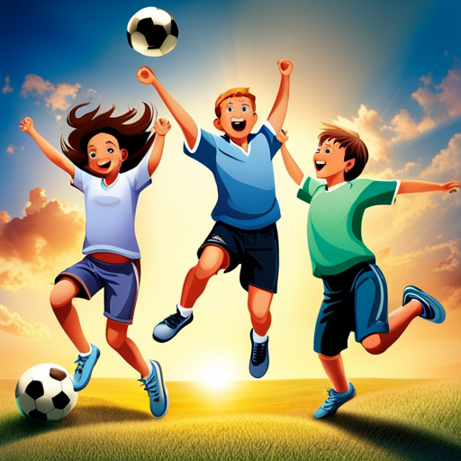 An image showcasing a group of joyful children engaging in various physical activities like playing soccer, jumping rope, and riding bikes, radiating energy and happiness, illustrating the numerous benefits of physical activity for children