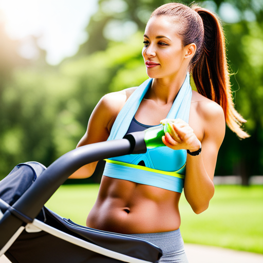 An image of a woman in workout gear holding a water bottle, sweat glistening on her forehead, as she exercises with a baby stroller in a sunny park, highlighting the importance of hydration for postpartum weight loss