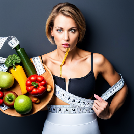 An image depicting a woman holding a measuring tape, measuring her waist with a determined expression, surrounded by realistic representations of healthy food, exercise equipment, and a calendar, symbolizing goal setting and progress tracking for postpartum weight loss