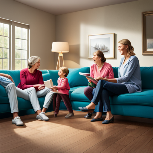 An image capturing a group of parents gathered around a cozy living room, engrossed in deep conversation and laughter, while their children play harmoniously in the background
