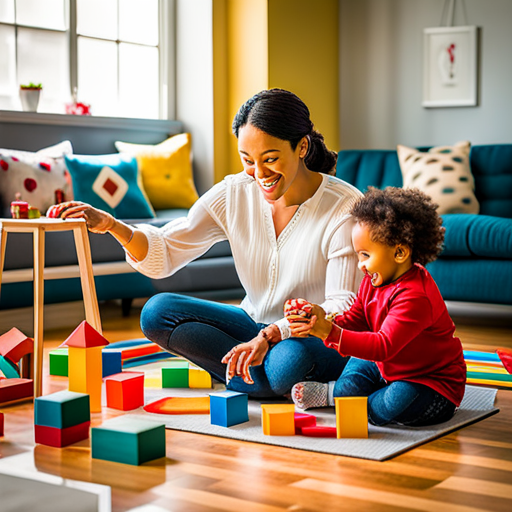 An image that captures the joyful atmosphere of a Mommy and Me class: a circle of moms and babies engaged in interactive play, surrounded by vibrant toys, colorful mats, and smiles of connection