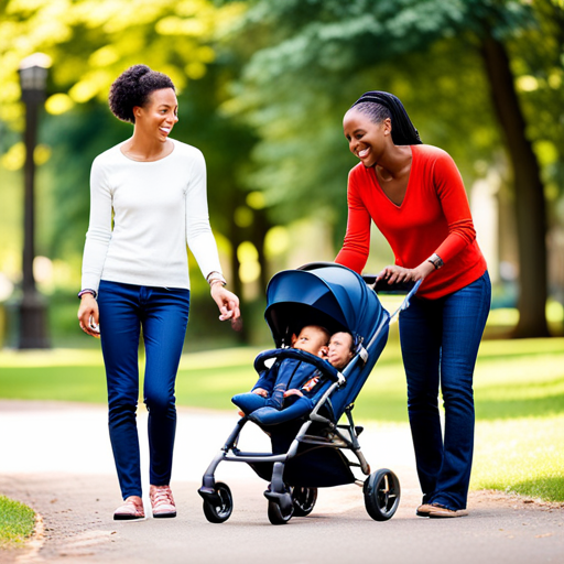 An image showcasing a diverse group of parents with strollers gathered in a park, engaging in conversation while their children play together