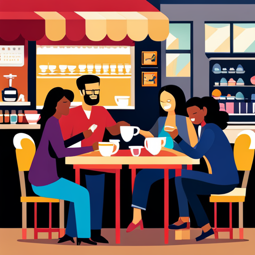 An image showcasing a diverse group of parents bonding over coffee at a bustling local café, while nearby, children joyfully engage in a variety of activities at a lively parenting event