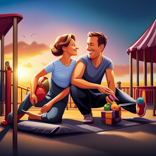 An image showcasing two parents at a playground, exchanging warm smiles as they engage in conversation