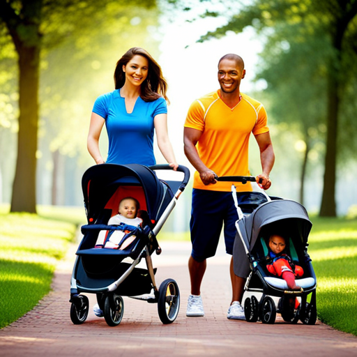 An image showing two parents pushing strollers on a path