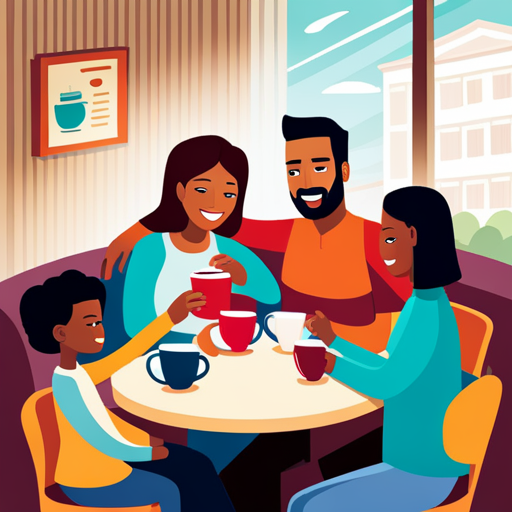 An image showcasing a diverse group of parents bonding over coffee and exchanging parenting tips at a cozy local café