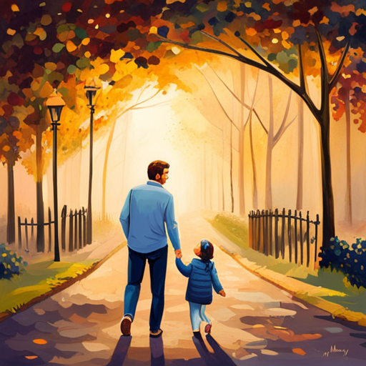 An image showcasing two parents engaged in a heartfelt conversation while strolling through a sunlit park, their laughter echoing as they bond over shared experiences, exemplifying the nurturing nature of parent friendships