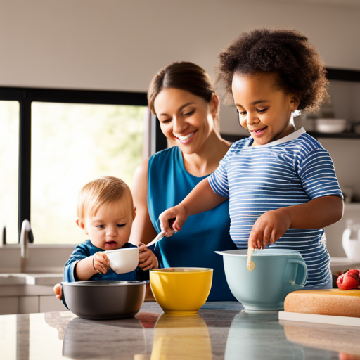 An image of a bright, sunlit kitchen with a toddler confidently pouring cereal into a bowl, while their older sibling stands beside them pouring milk