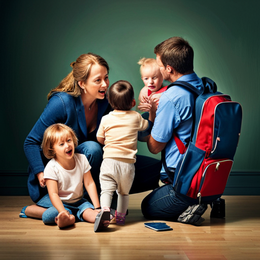  a chaotic yet heartwarming scene in the image of a frazzled parent juggling breakfast, diaper changes, and lost shoes, while their little ones eagerly attempt to put on their backpacks and shoes, all against the backdrop of a ticking clock