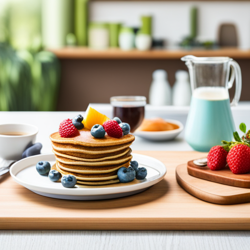 An image of a cozy kitchen scene with a colorful spread of nutritious breakfast options, including a stack of whole grain pancakes topped with fresh berries, a bowl of creamy oatmeal, and a plate of sliced avocado toast