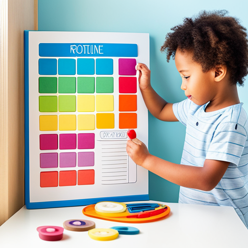 An image depicting a colorful, visually appealing morning routine chart for little ones, displaying clear sections for tasks like brushing teeth, dressing up, and eating breakfast, emphasizing a sense of structure and organization