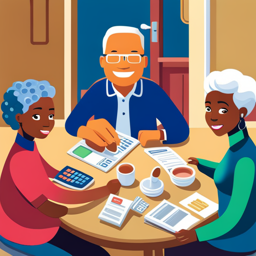 An image capturing a diverse family gathered around a kitchen table, discussing finances