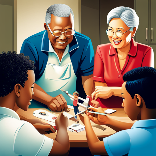 An image showcasing a diverse, multi-generational family engaged in various activities that symbolize support, such as an older member assisting a younger one in building a model airplane, while another family member cheers on during a sports event