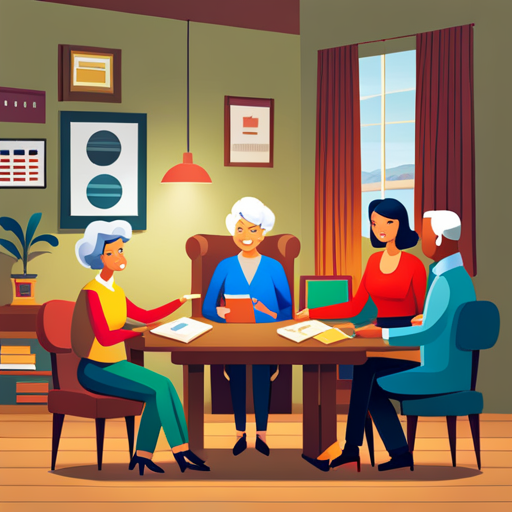 An image showcasing a cozy living room scene, with a diverse multi-generational family engaging in a warm conversation around a big wooden table, adorned with notebooks, pens, and a calendar, symbolizing regular family meetings