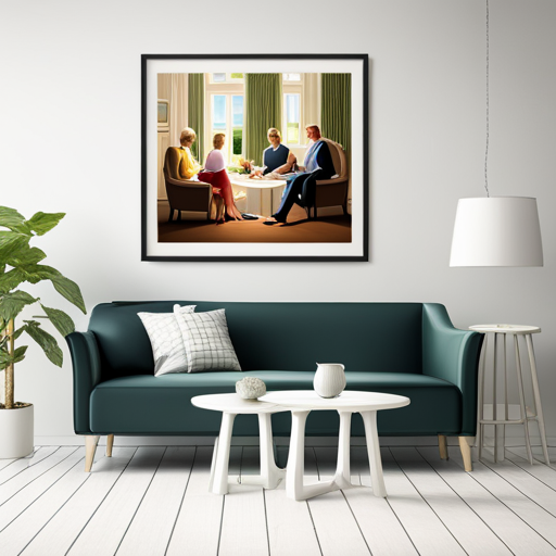 An image depicting a serene living room with family members engaged in a calm conversation, leaning in and attentively listening to each other, showcasing effective conflict resolution in a multi-generational household