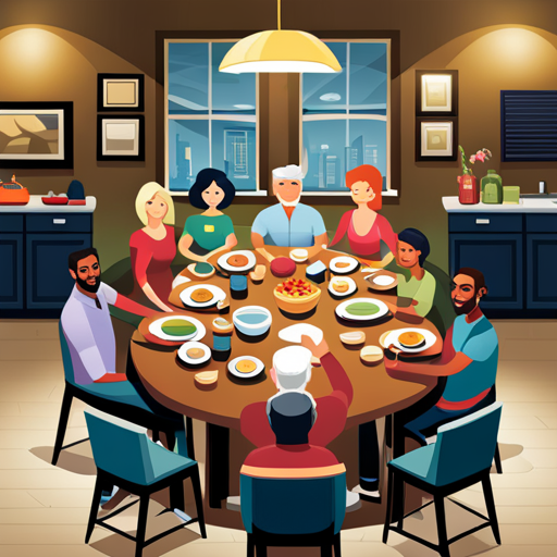An image showcasing a diverse family sitting together at a beautifully set dining table, each person with their unique space defined by personalized placemats, establishing boundaries while fostering togetherness in a multi-generational household
