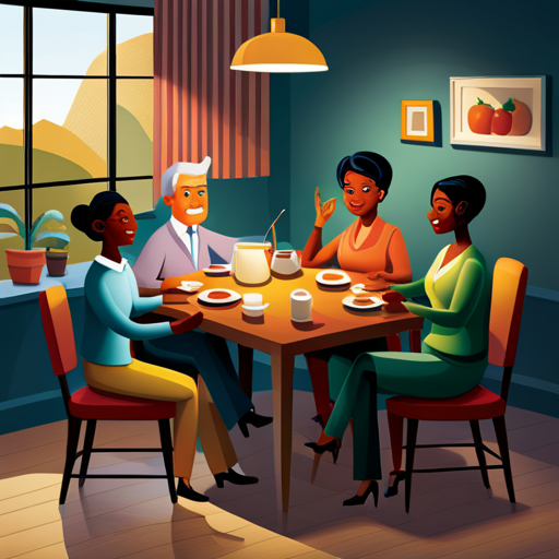 An image showcasing a diverse family gathered around a neatly arranged dining table, engaged in a friendly conversation