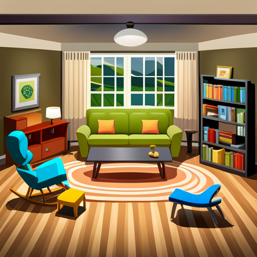 An image showcasing a cozy living room with a comfortable sofa, a rocking chair by a window for reading, a small desk for work, and a corner with toys and games, reflecting the diverse individual needs within a multi-generational household