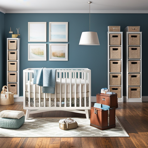 An image showcasing a nursery's smart storage solutions: a sleek diaper caddy stocked with essentials, a wall-mounted bookshelf filled with colorful storybooks, and a labeled drawer system neatly storing tiny clothes and accessories