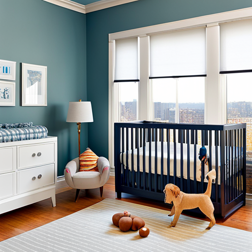 An image showcasing a vibrant, sunlit nursery with a cozy reading nook, a colorful play mat, and a neatly organized toy shelf