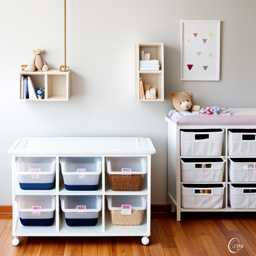 An image capturing neatly labeled storage bins filled with adorable baby clothes, tiny shoes, and cute toys, arranged on shelves and organized by category, showcasing the importance of categorizing and labeling in organizing a baby's room