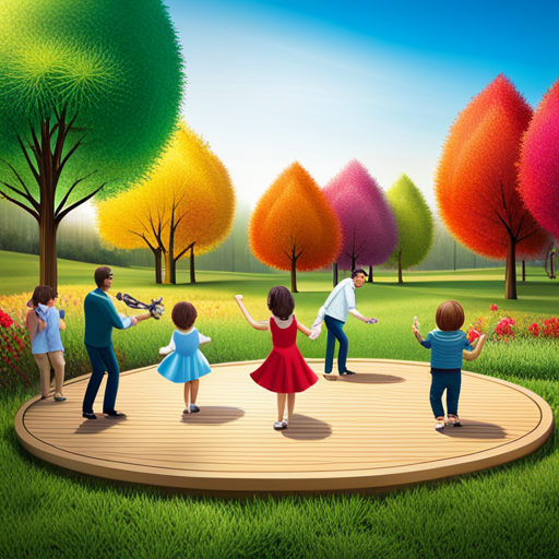 An image showcasing a vibrant park scene with a group of adorable babies and their parents joyfully engaged in outdoor music and movement activities
