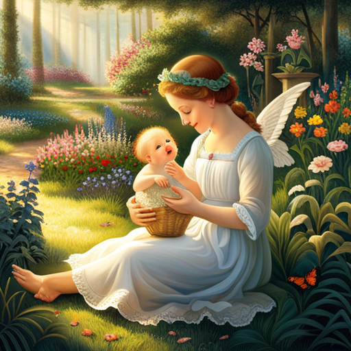 An image featuring a cherubic baby joyfully petting a gentle bunny in a lush garden