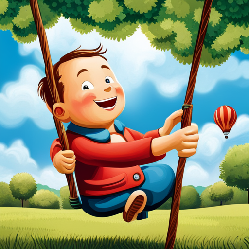 An image capturing the pure joy on a baby's face as they swing high on a colorful swingset, surrounded by lush green grass, towering trees, and other children gleefully playing in a vibrant park