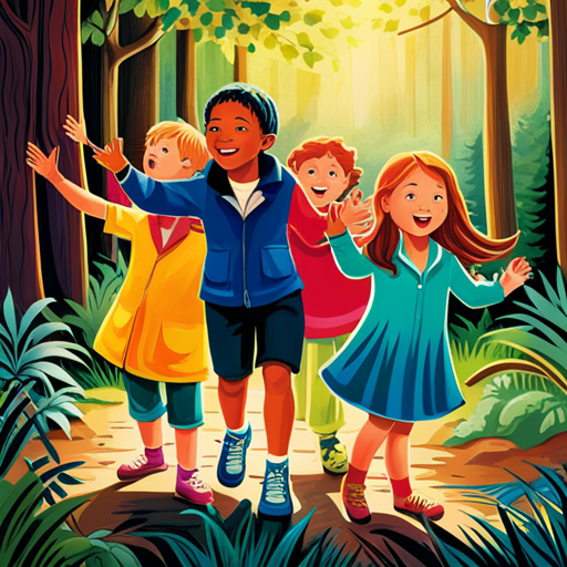 An image showcasing a group of exuberant children, clad in vibrant outdoor clothing, eagerly exploring a lush, sun-drenched forest