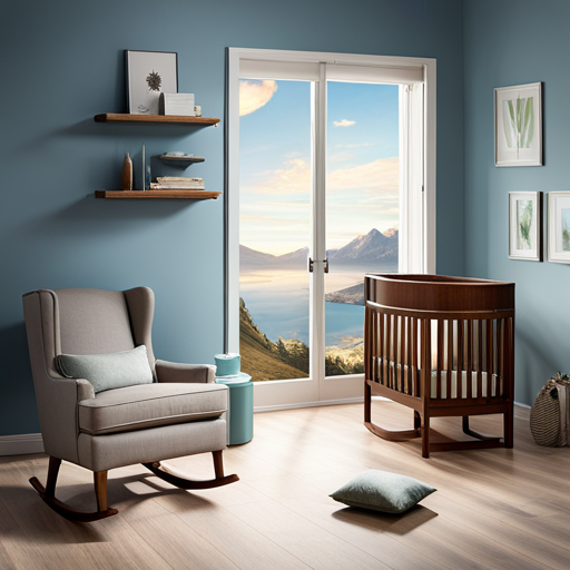 An image of a dimly lit nursery with a cozy rocking chair nestled beside a crib adorned with a soft mobile