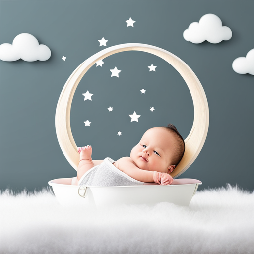 An image showcasing a serene nursery scene with a peacefully sleeping baby in a crib, surrounded by soft, fluffy white clouds