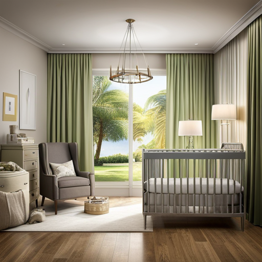 An image depicting a serene nursery bathed in soft, warm lighting, with blackout curtains drawn, a cozy crib adorned with a gentle mobile, and a white noise machine humming softly in the background