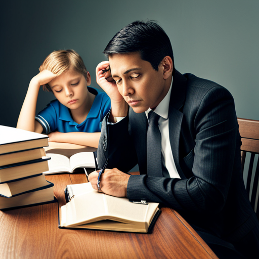 An image showcasing a parent and a tween sitting at a desk, surrounded by textbooks, with a worried expression on their faces as they navigate the overwhelming academic pressures together