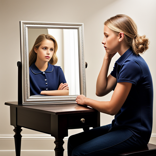 An image showcasing a mirror reflecting a worried parent's concerned expression while their tween, with a disappointed look, compares their own reflection to an unrealistic beauty standard depicted on a magazine cover