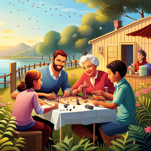 An image depicting a family engaged in a variety of offline activities, like playing board games, cooking together, and gardening, while surrounded by digital devices that are turned off and set aside