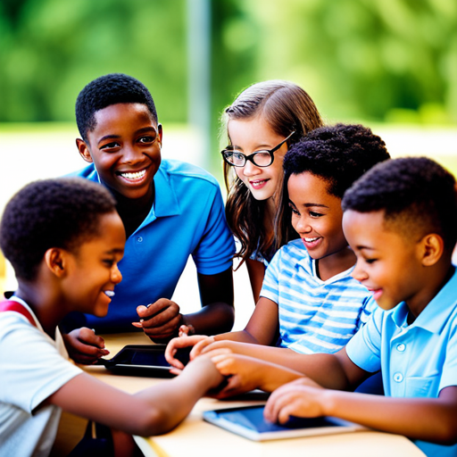 An image of a diverse group of children using digital devices responsibly, engaged in online discussions, and collaborating on projects, showcasing the positive aspects of digital citizenship in modern parenting