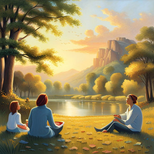 An image capturing a serene park scene, with a warm sun setting behind tall trees, as a family of four joyfully engages in a picnic, playing games, and sharing laughter, illustrating the essence of quality time spent together during weekends and holidays